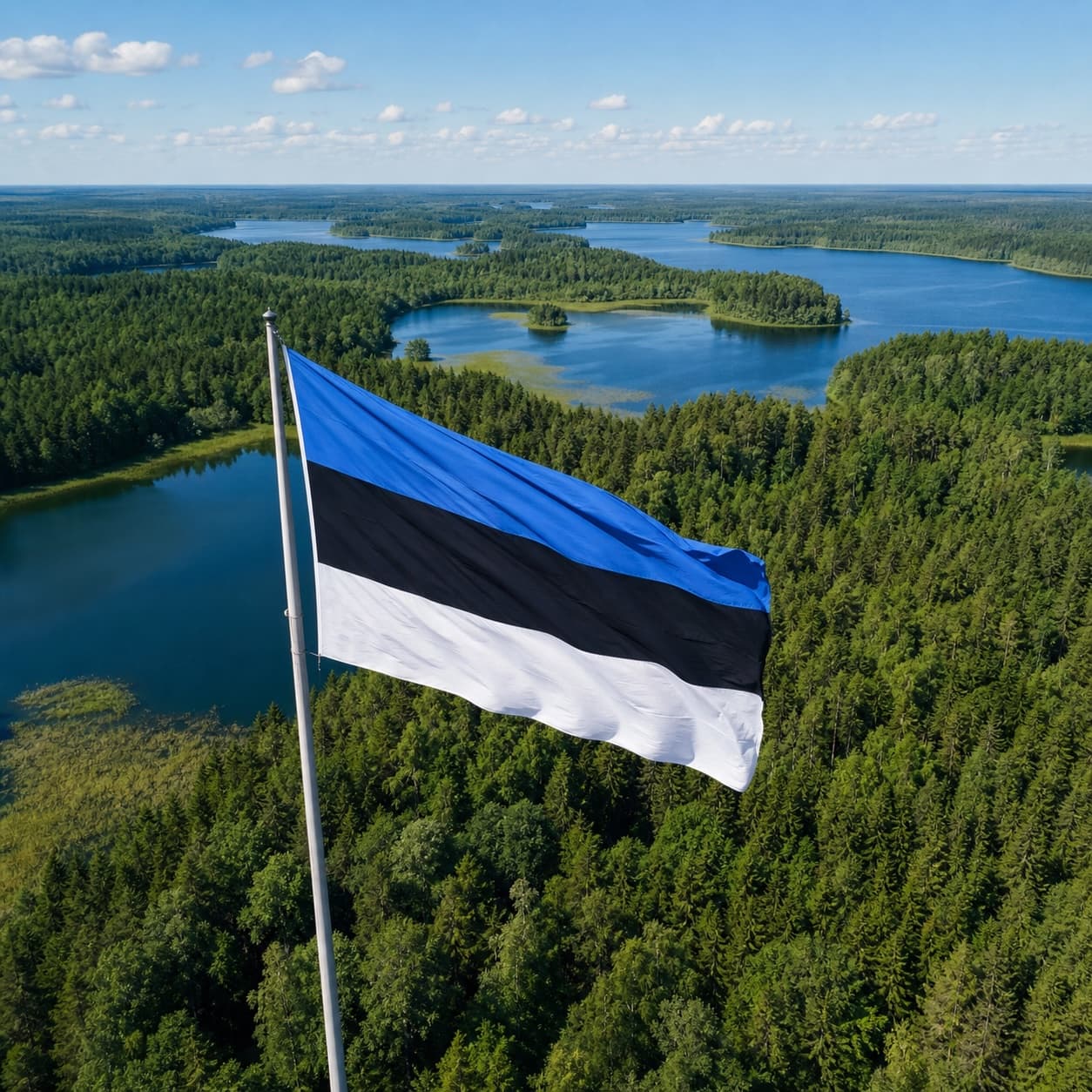 Eesti lipp lehvimas metsade ja järvede kohal