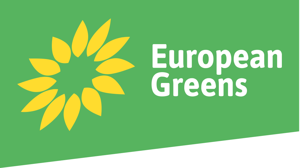 Euroopa Roheliste logo - päevalillemotiiv ja kiri "European Greens" rohelisel taustal