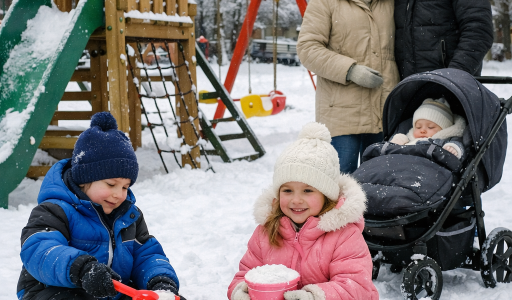 Talvine mänguväljak, kus kaks last mängivad, ema ja isa seisavad kõrval ning kolmas laps on vankris